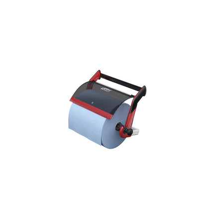 Industrial cleaning paper dispenser, wall bracket with tear-off rail, black / red.