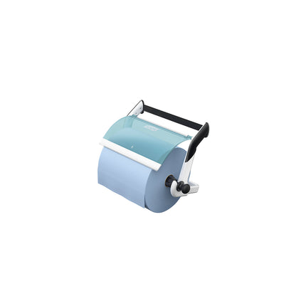 Industrial cleaning paper dispenser, wall bracket with tear-off rail, turquoise / white.