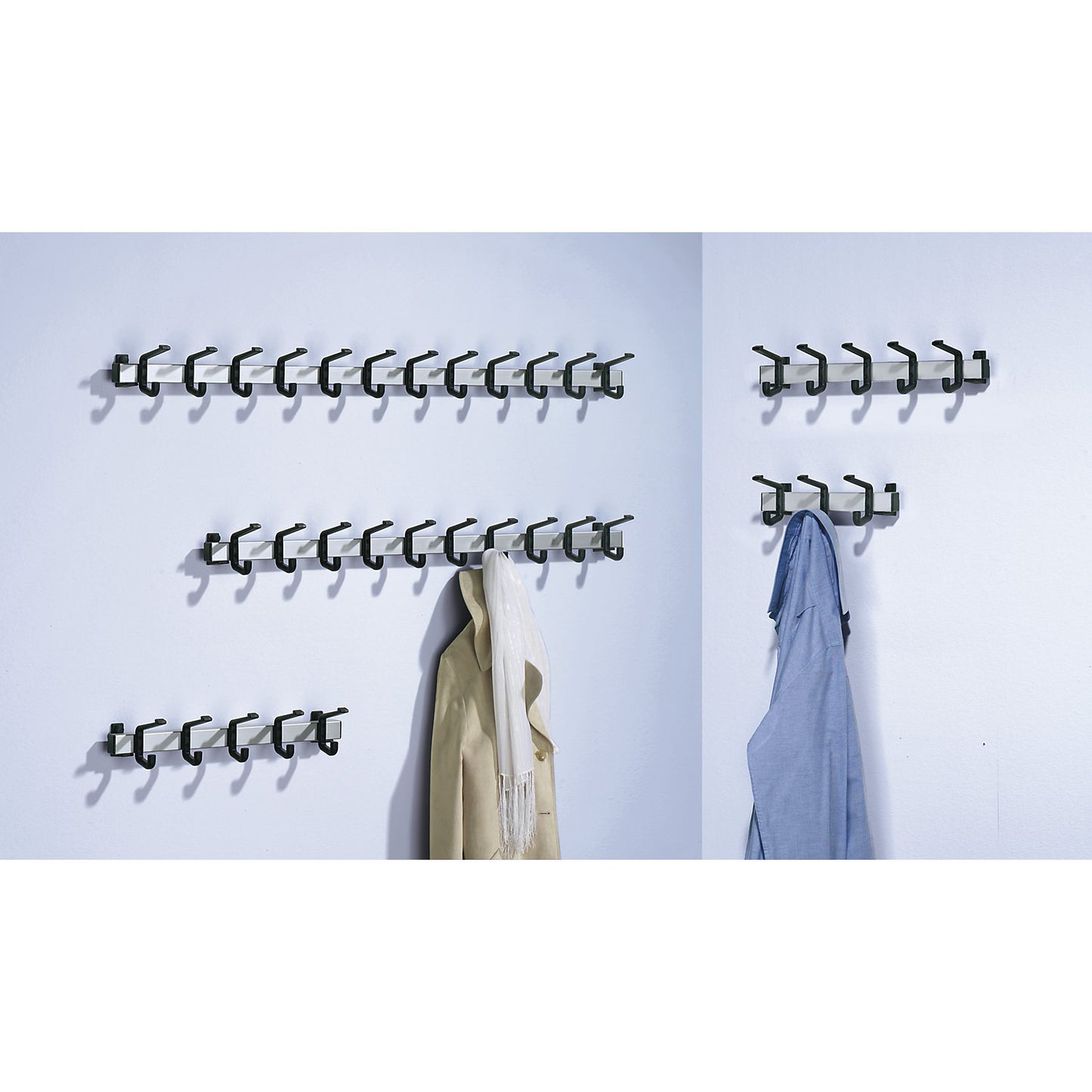 Coat rail, aluminium, max. load for hooks 90 kg, 10 hooks, width 1000 mm, pack of 1.