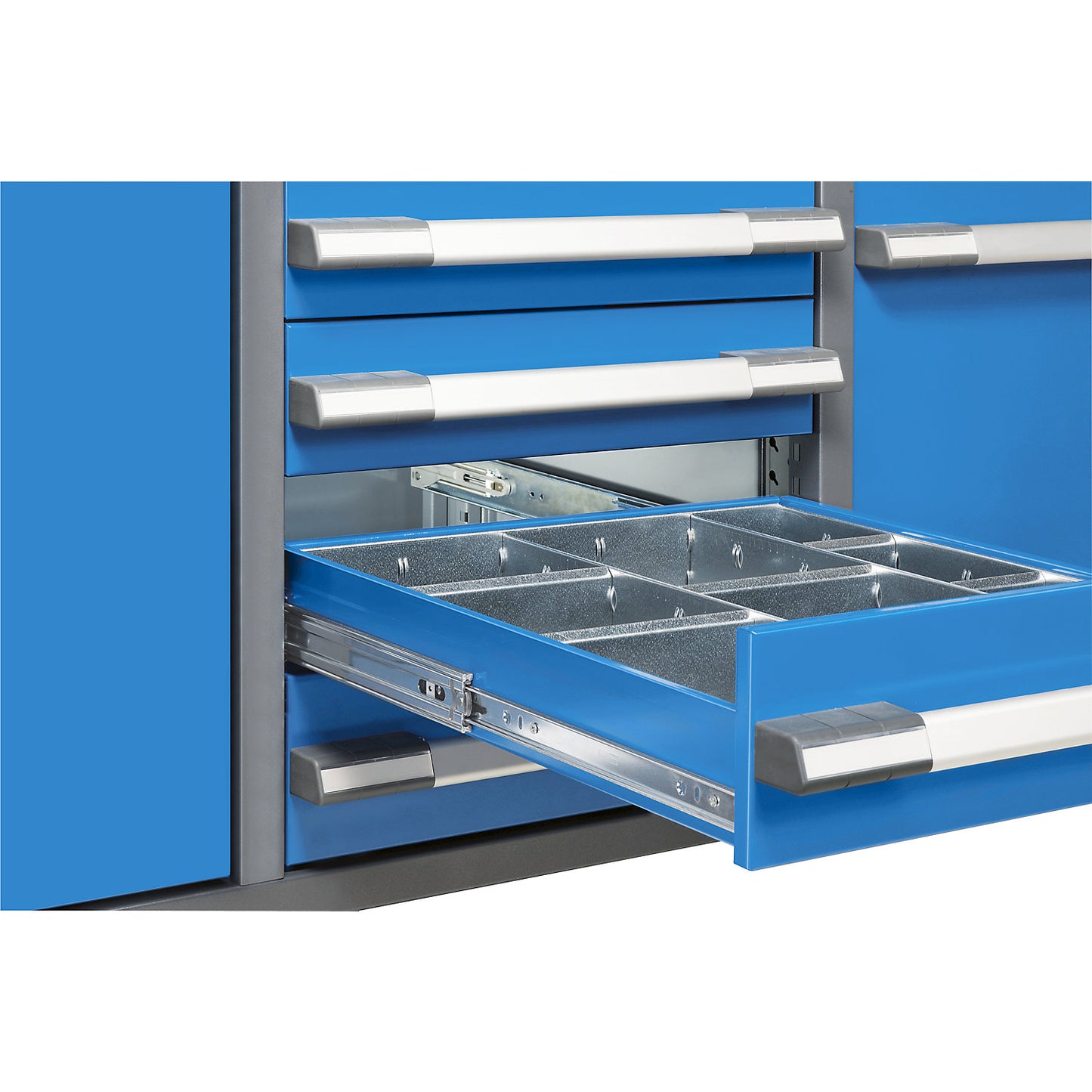 Height-adjustable workbench, frame construction, 3 drawers, width 2000 mm, charcoal / blue.