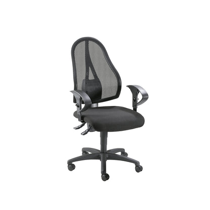 OPEN POINT P office swivel chair, mesh back rest in black, without arm rests, black seat cover.