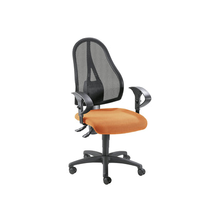 OPEN POINT P office swivel chair, mesh back rest in black, without arm rests, orange seat cover.