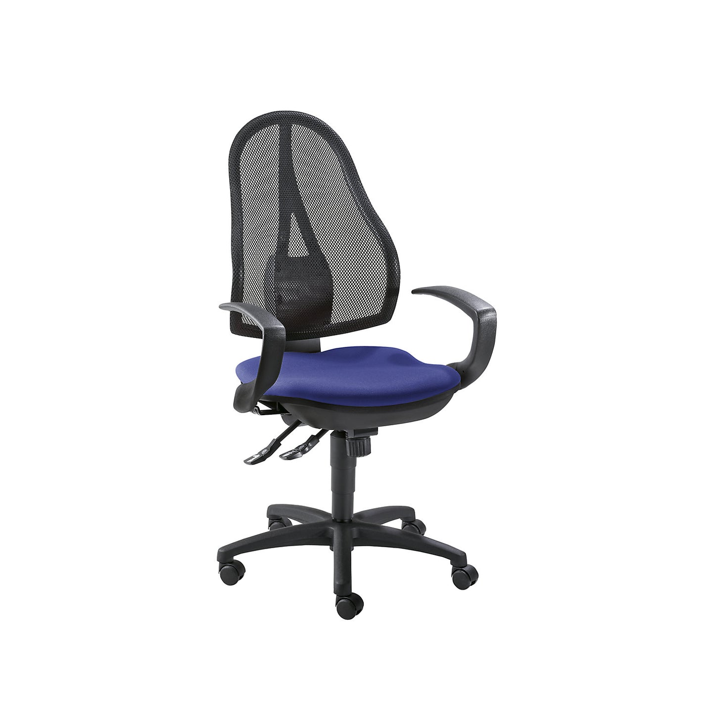 OPEN POINT SY office swivel chair, without armrests, mesh back rest in black, royal blue covering.