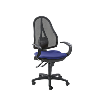 OPEN POINT SY office swivel chair, without armrests, mesh back rest in black, royal blue covering.