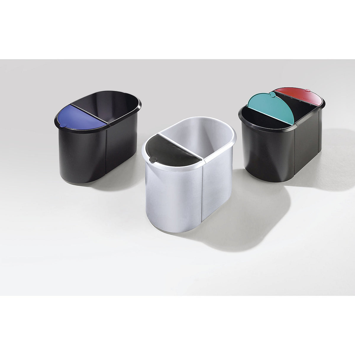 Waste paper bin, plastic, DUO, with two sorting compartments, red lid, black body, pack of 2.