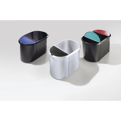 Waste paper bin, plastic, DUO, with two sorting compartments, black lid, silver body, pack of 2.
