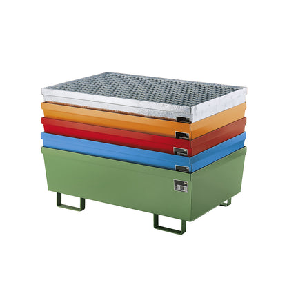 Steel sump tray with edge profiles, for 2 x 200 l drums, red RAL 3000.