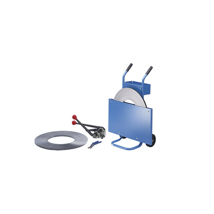 Strapping set, steel strapping, tensioning and sealing tool, cutter, mobile strap dispenser, strap, strap width 16 mm.