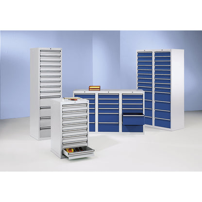 Drawer cupboard, HxWxD 1800 x 500 x 500 mm, 13 x 100 mm drawers, 2 x 200 mm high drawers, grey body and drawers.