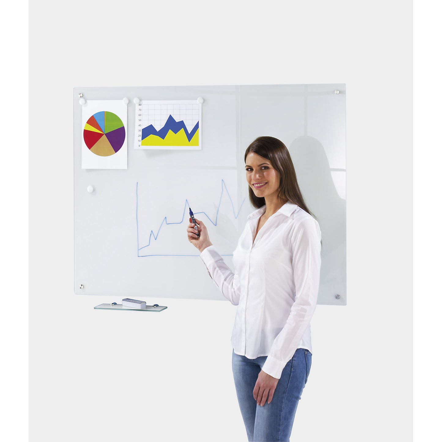 Glass whiteboard, complete set, glass surface, white, WxH 1500 x 1000 mm.