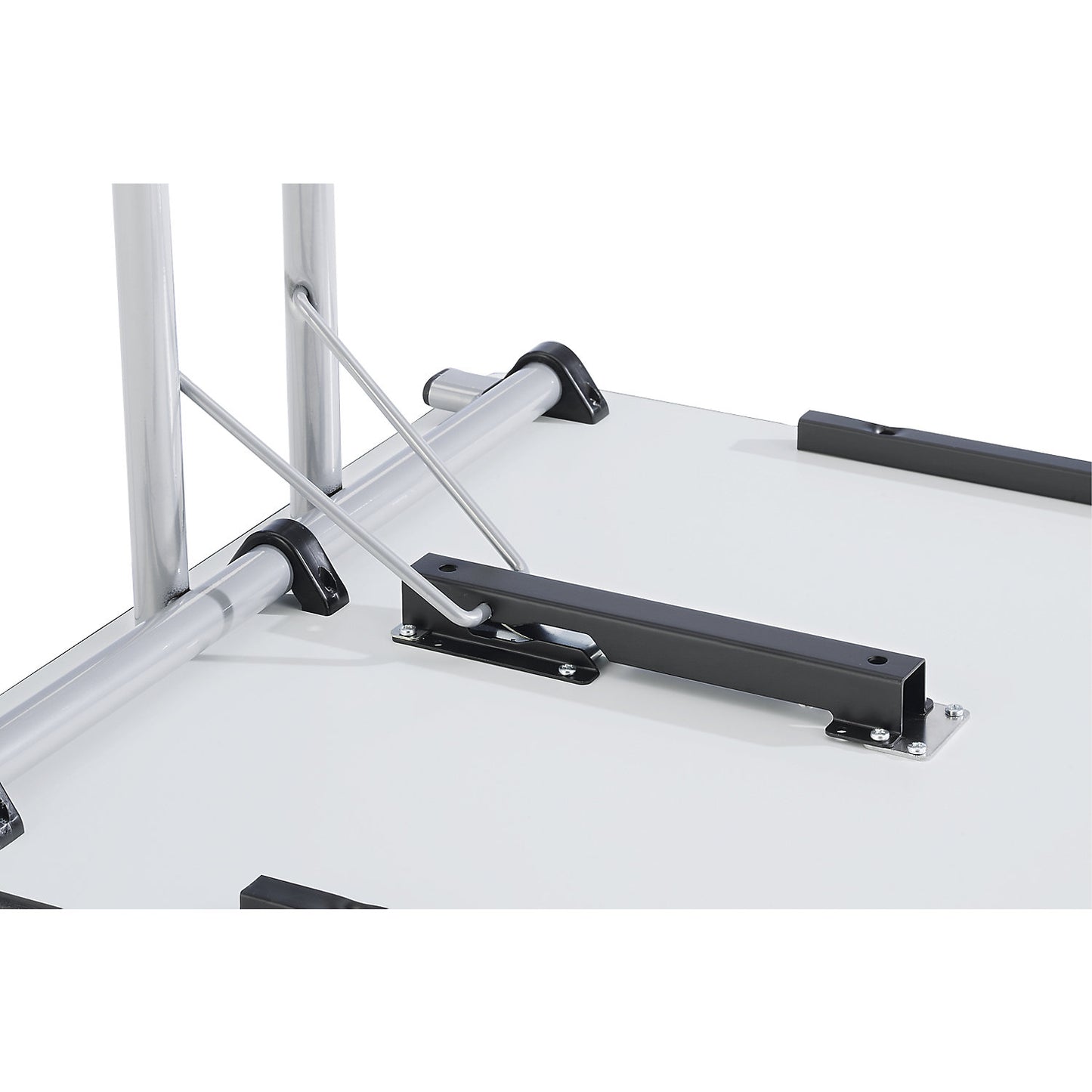 Folding table, with rounded edges, round tubular frame, rectangular top, 1600 x 700 mm, aluminium coloured frame, light grey tabletop.