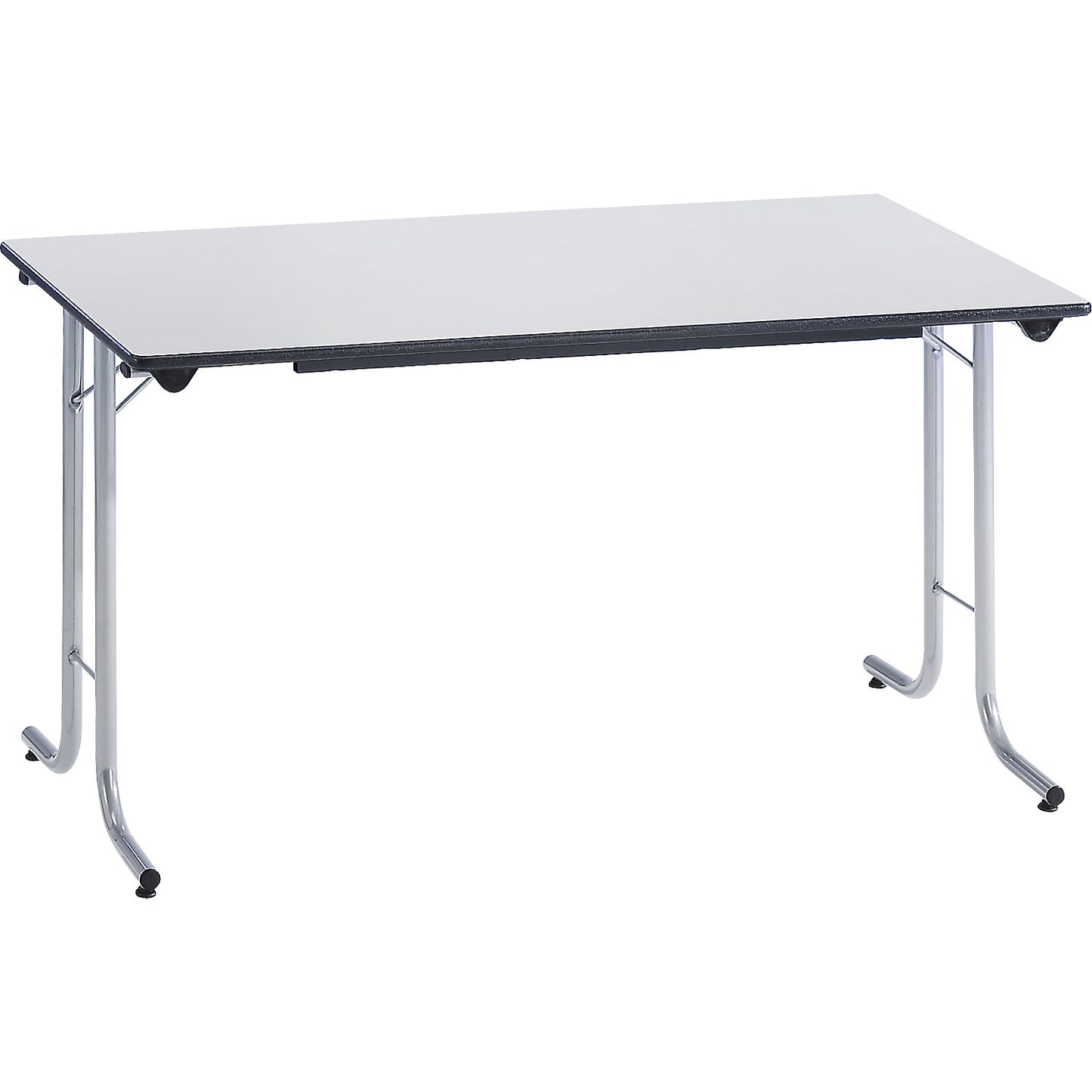 Folding table, with rounded edges, round tubular frame, rectangular top, 1400 x 700 mm, aluminium coloured frame, beech finish tabletop.