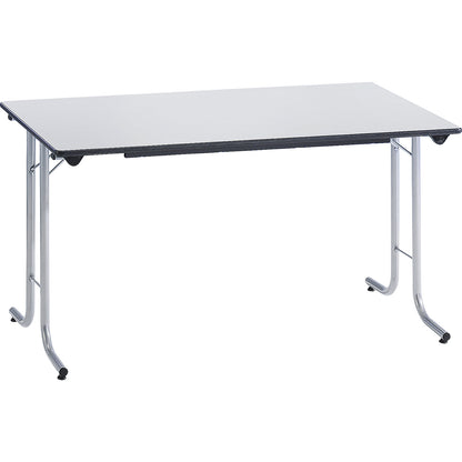 Folding table, with rounded edges, round tubular frame, rectangular top, 1400 x 700 mm, aluminium coloured frame, beech finish tabletop.