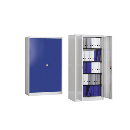 Steel cabinet with double doors, 4 shelves, width 1200 mm, light grey, external depth 500 mm.