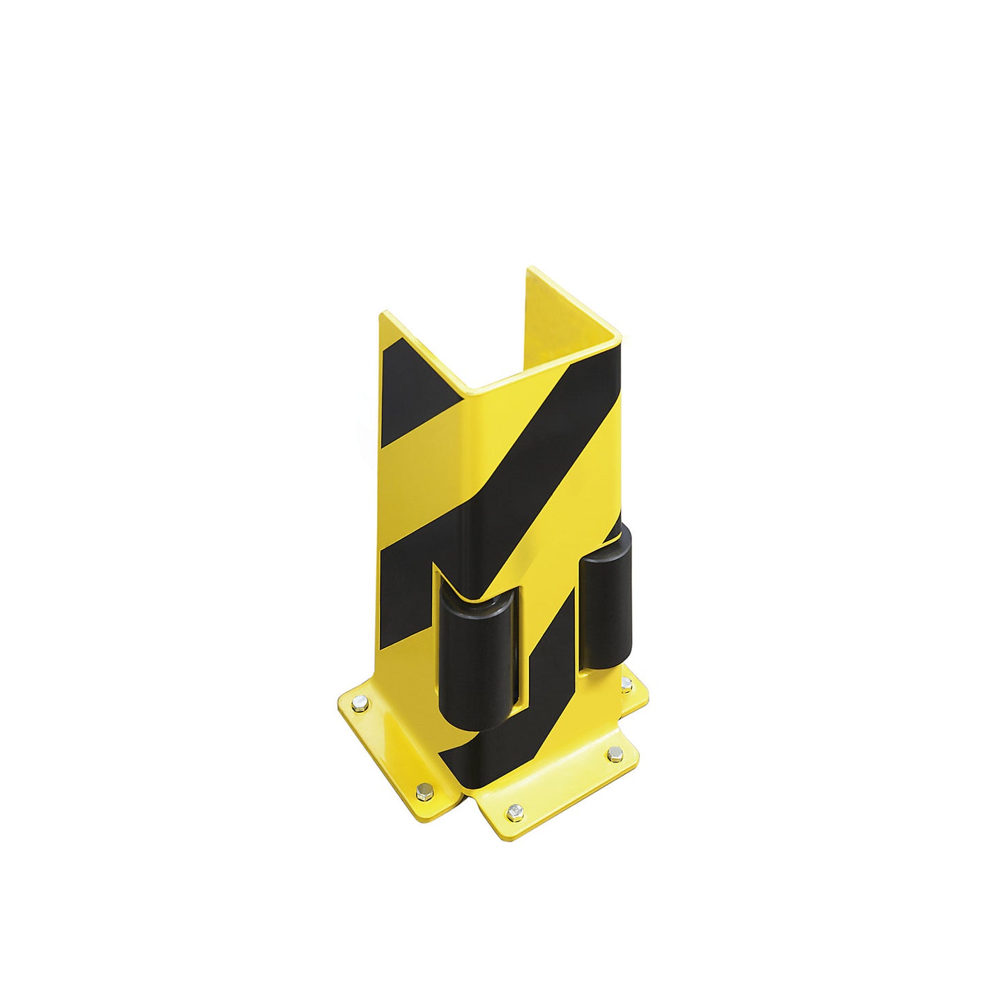 Shelf unit crash protection guard with guide rollers, U profile, black / yellow.