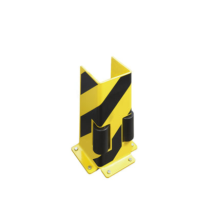 Shelf unit crash protection guard with guide rollers, U profile, black / yellow.