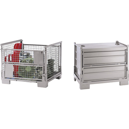 Collapsible stacking box, LxWxH 1200 x 800 x 970 mm, side panels made of sheet steel, 1+ items.