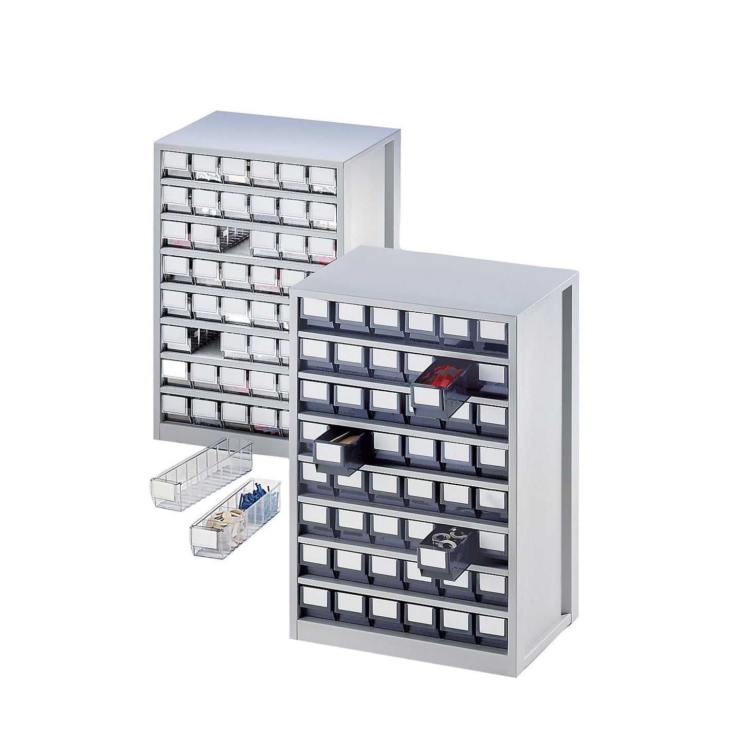 Drawer cabinet, max. housing load 240 kg, HxWxD 862 x 600 x 417 mm, 48 drawers, grey drawers.
