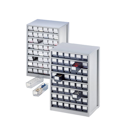 Drawer cabinet, max. housing load 240 kg, HxWxD 862 x 600 x 417 mm, 48 drawers, grey drawers.
