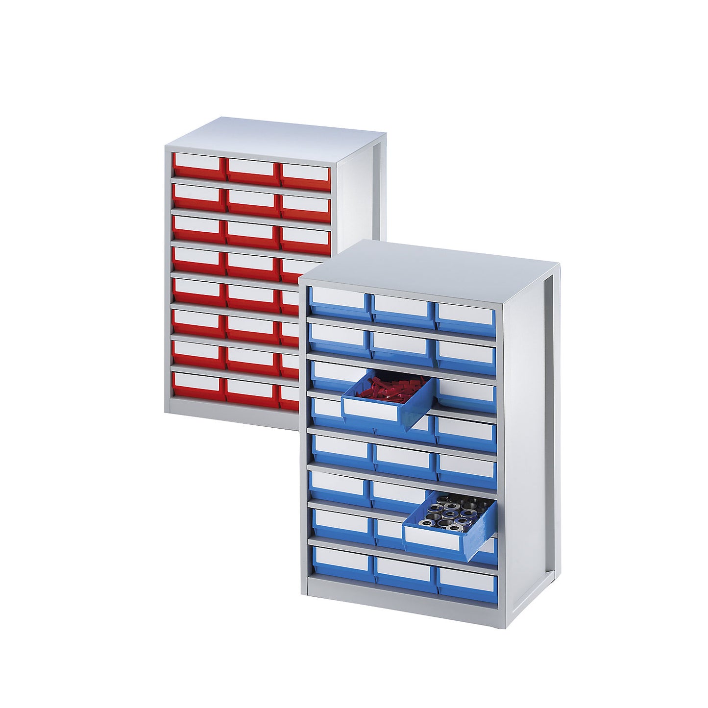 Drawer cabinet, max. housing load 240 kg, HxWxD 862 x 600 x 417 mm, 24 drawers, blue drawers.