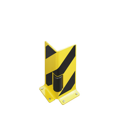 Shelf unit crash protection guard with guide rollers, L profile, black / yellow.