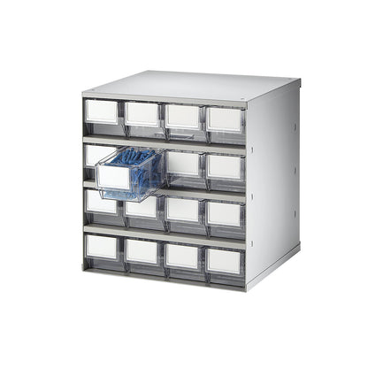 Drawer cabinet, max. housing load 75 kg, HxWxD 395 x 376 x 300 mm, 16 drawers, transparent drawers.