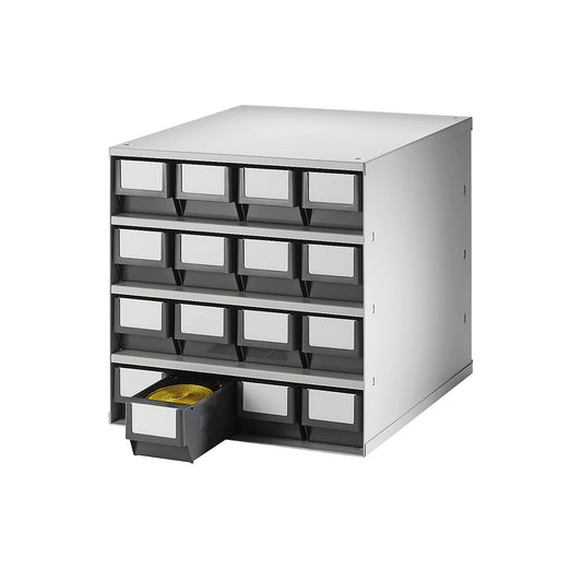 Drawer cabinet, max. housing load 75 kg, HxWxD 395 x 376 x 400 mm, 16 drawers, grey drawers.