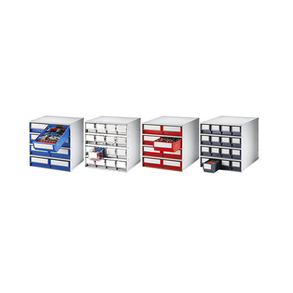 Drawer cabinet, max. housing load 75 kg, HxWxD 395 x 376 x 400 mm, 16 drawers, grey drawers.