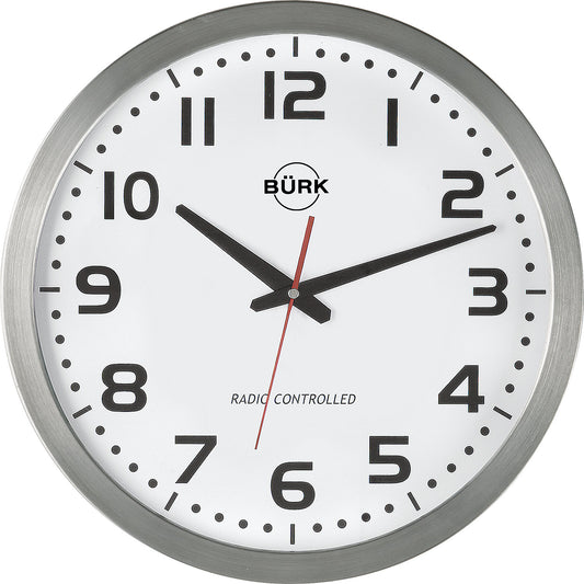Wall clock, Ø 400 mm, brushed stainless steel housing, radio synchronised clock.