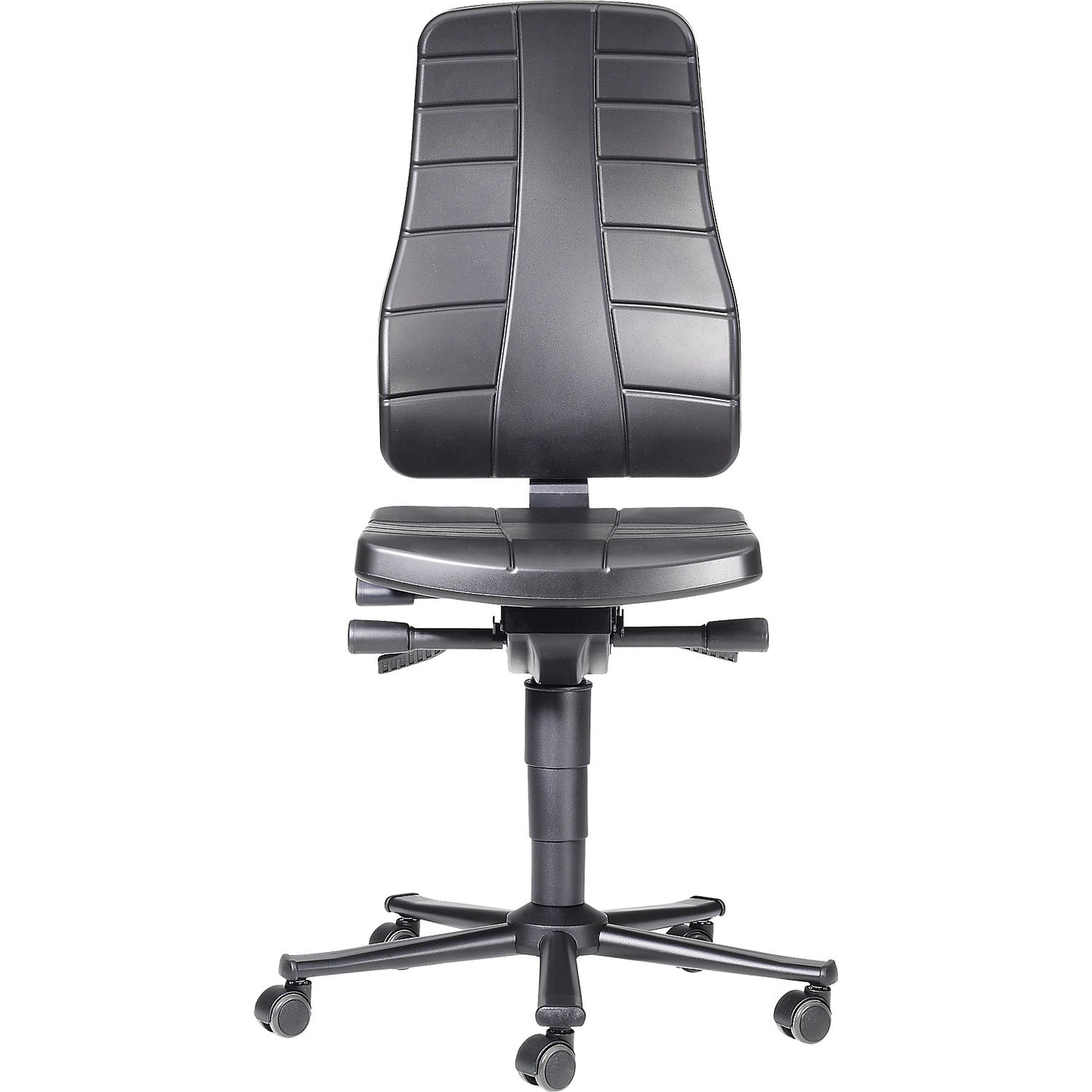 All-in-one industrial swivel chair, with castors, vinyl, black.