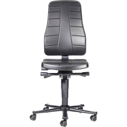 All-in-one industrial swivel chair, with castors, PU foam, black.