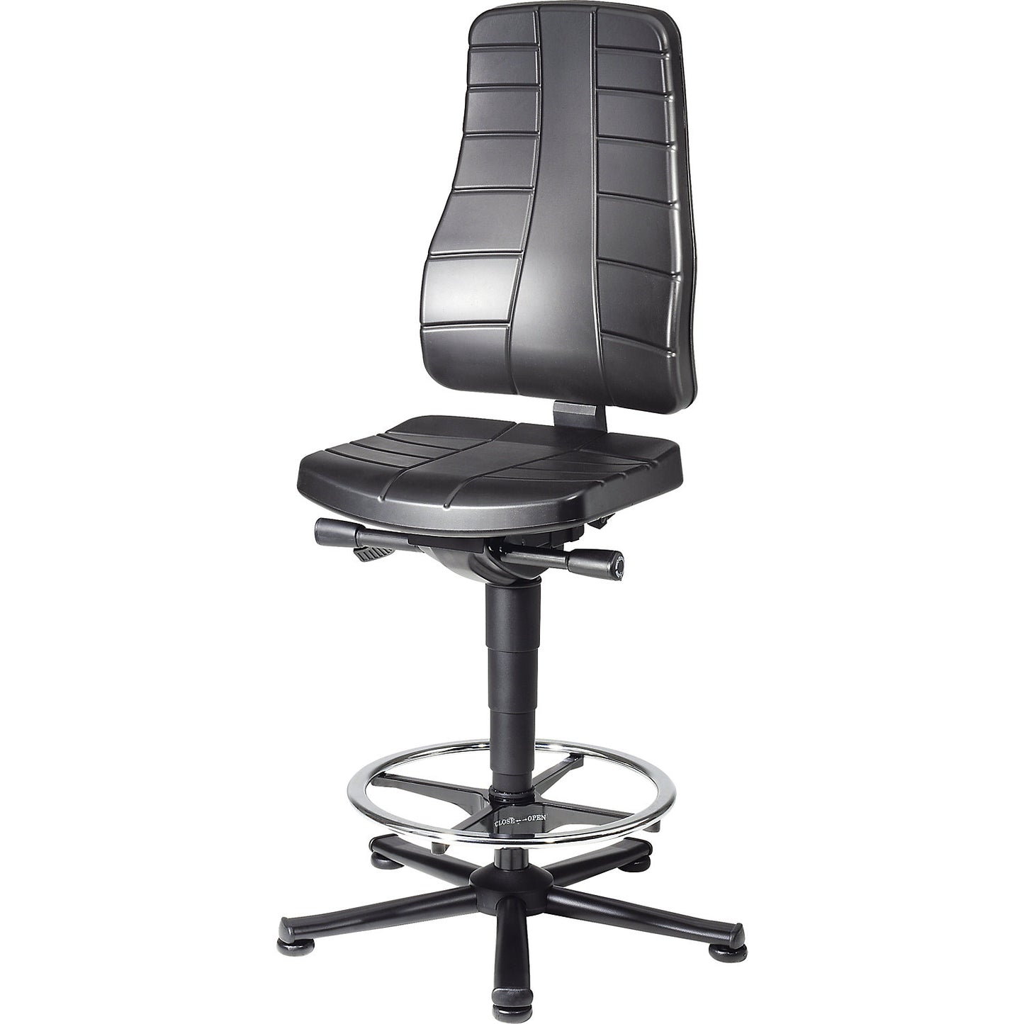 All-in-one industrial swivel chair, with floor glides and foot ring, vinyl, black.