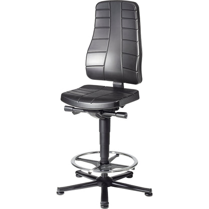 All-in-one industrial swivel chair, with floor glides and foot ring, vinyl, black.