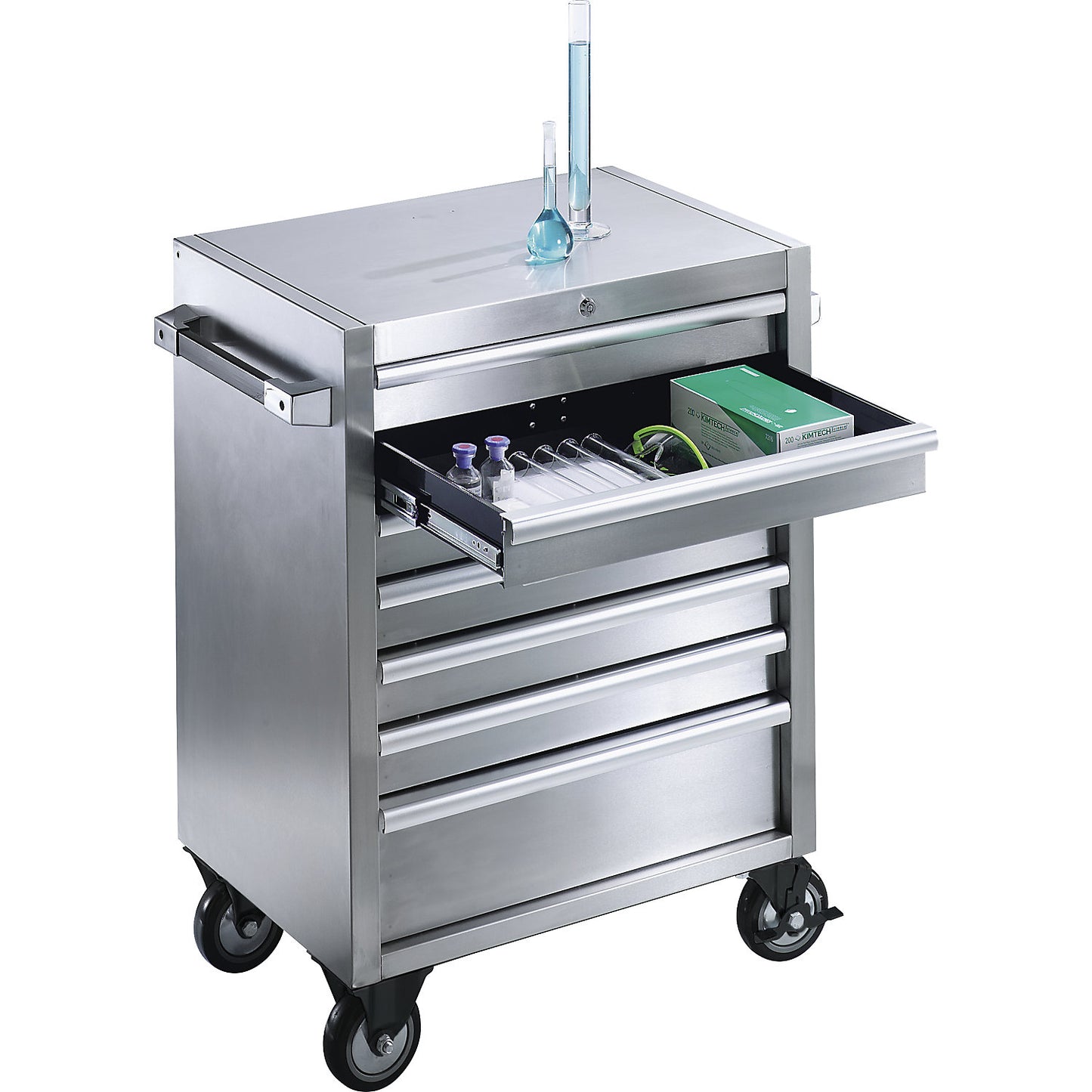 Stainless steel tool trolley, 7 drawers with individual pull-out stops, HxWxD 935 x 680 x 470 mm.