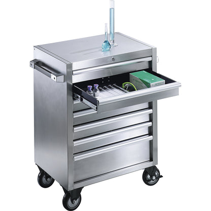 Stainless steel tool trolley, 7 drawers with individual pull-out stops, HxWxD 935 x 680 x 470 mm.