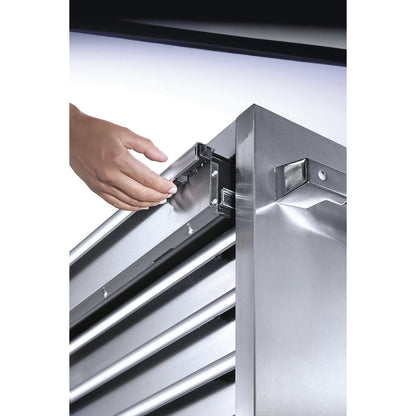 Stainless steel tool trolley, 7 drawers with individual pull-out stops, HxWxD 935 x 680 x 470 mm.