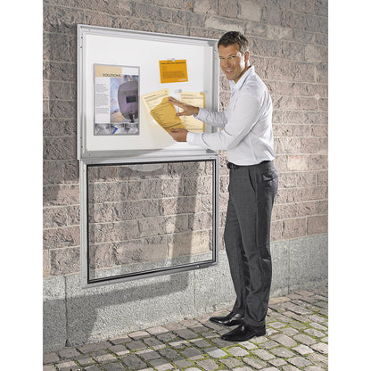 Display case for indoor and outdoor use, door opens downwards 180°, for A0, rear panel pure white RAL 9010.