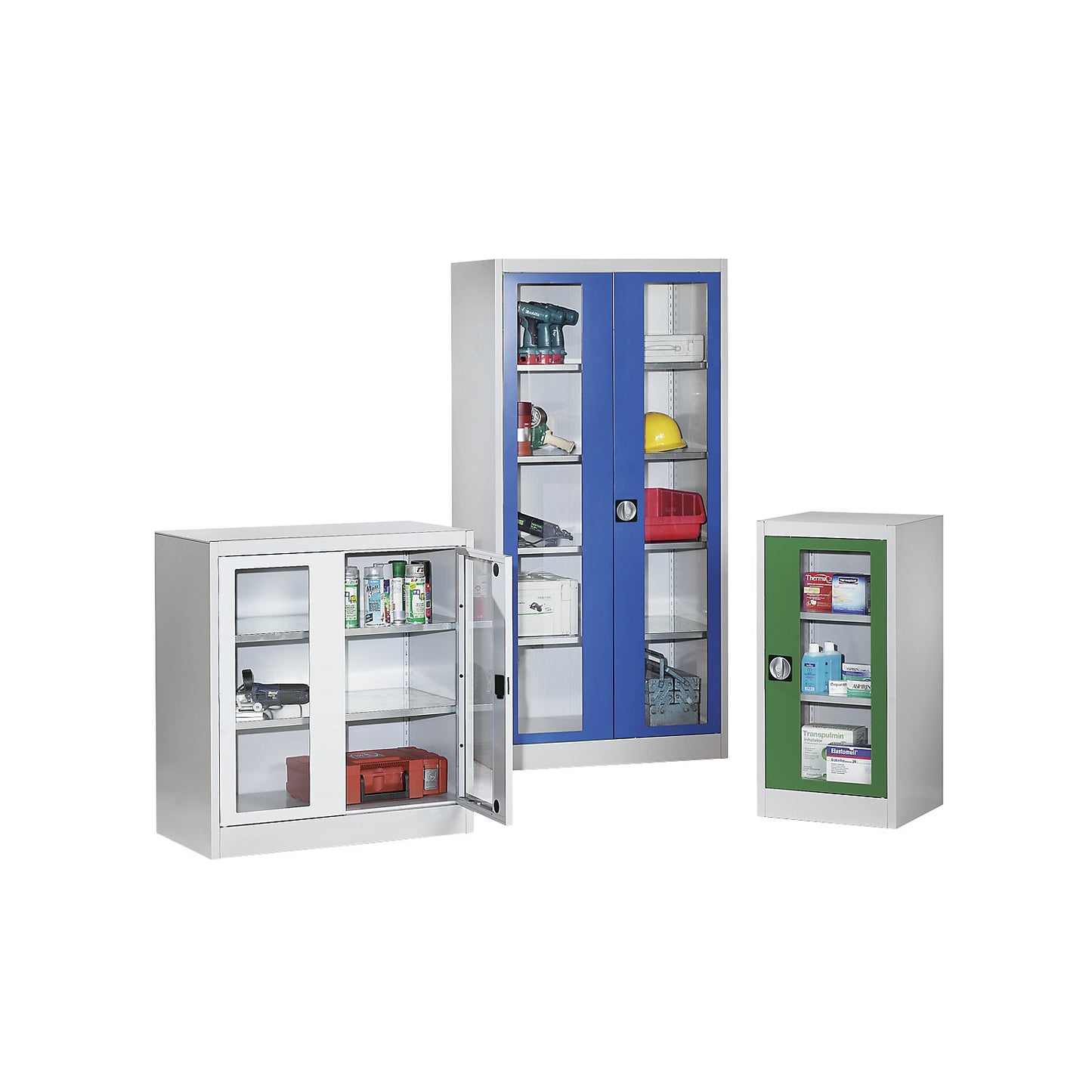 Vision panel double door cupboard, with 4 shelves, HxW 1950 x 950 mm, depth 600 mm, light grey/reseda green.
