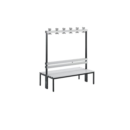 Changing room bench with back rest, double sided, PVC slats, length 1500 mm.