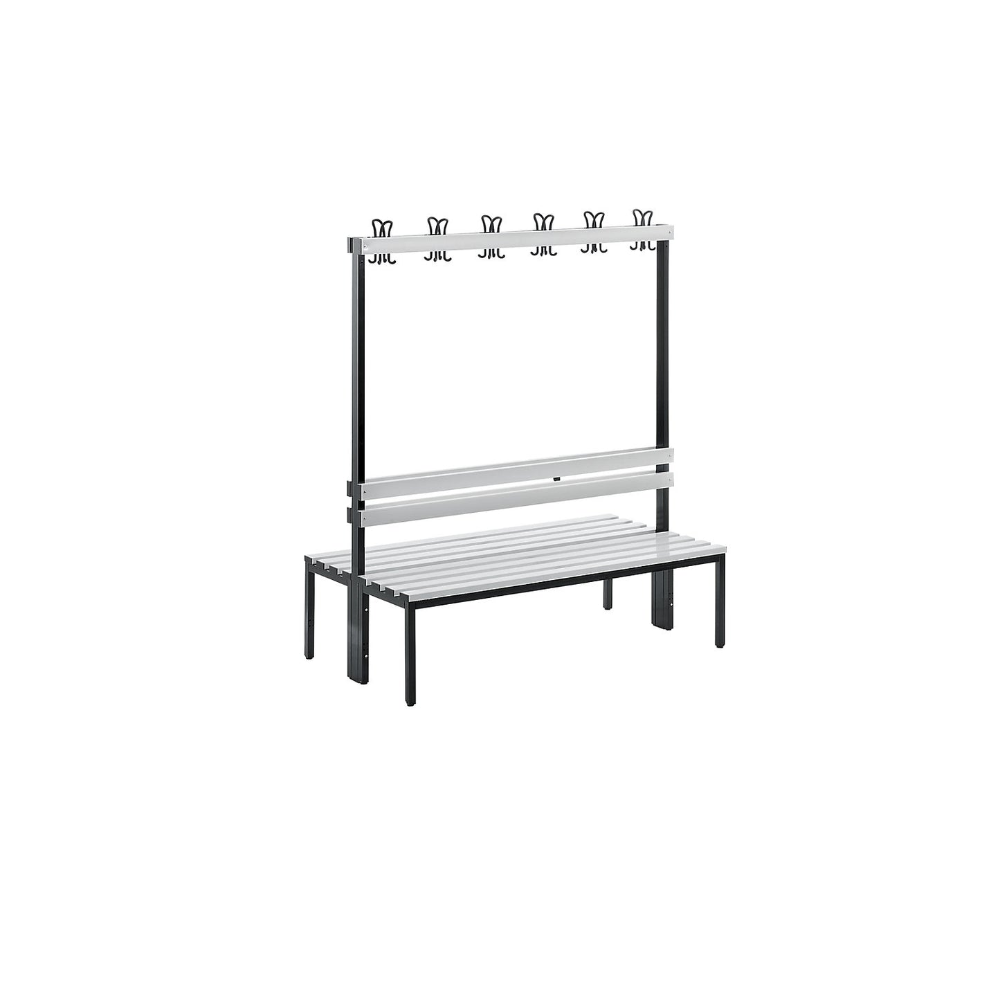 Changing room bench with back rest, double sided, PVC slats, length 2000 mm.