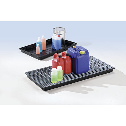 PE small container shelf sump tray, 30 l sump capacity, with steel grate.