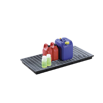 PE small container shelf sump tray, 40 l sump capacity, with steel grate.