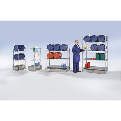 Drum and small container shelf unit, with GRP sump tray for 65 l, 2 mesh grid shelves.