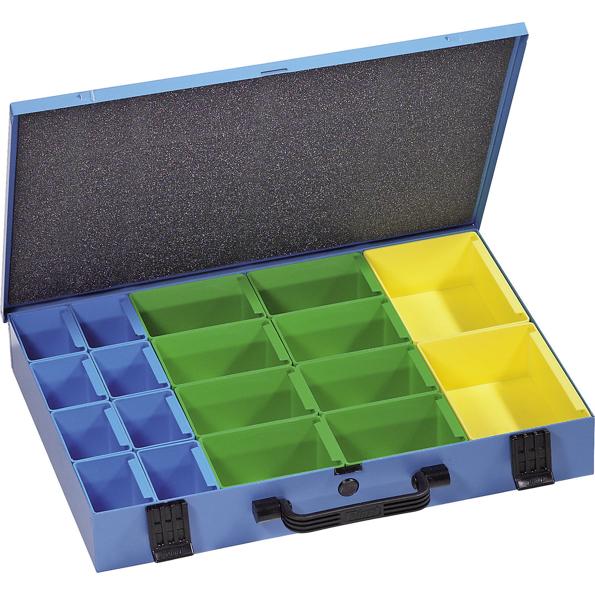 Small parts case made of sheet steel, incl. modular bins, HxLxW 133 x 472 x 340 mm.