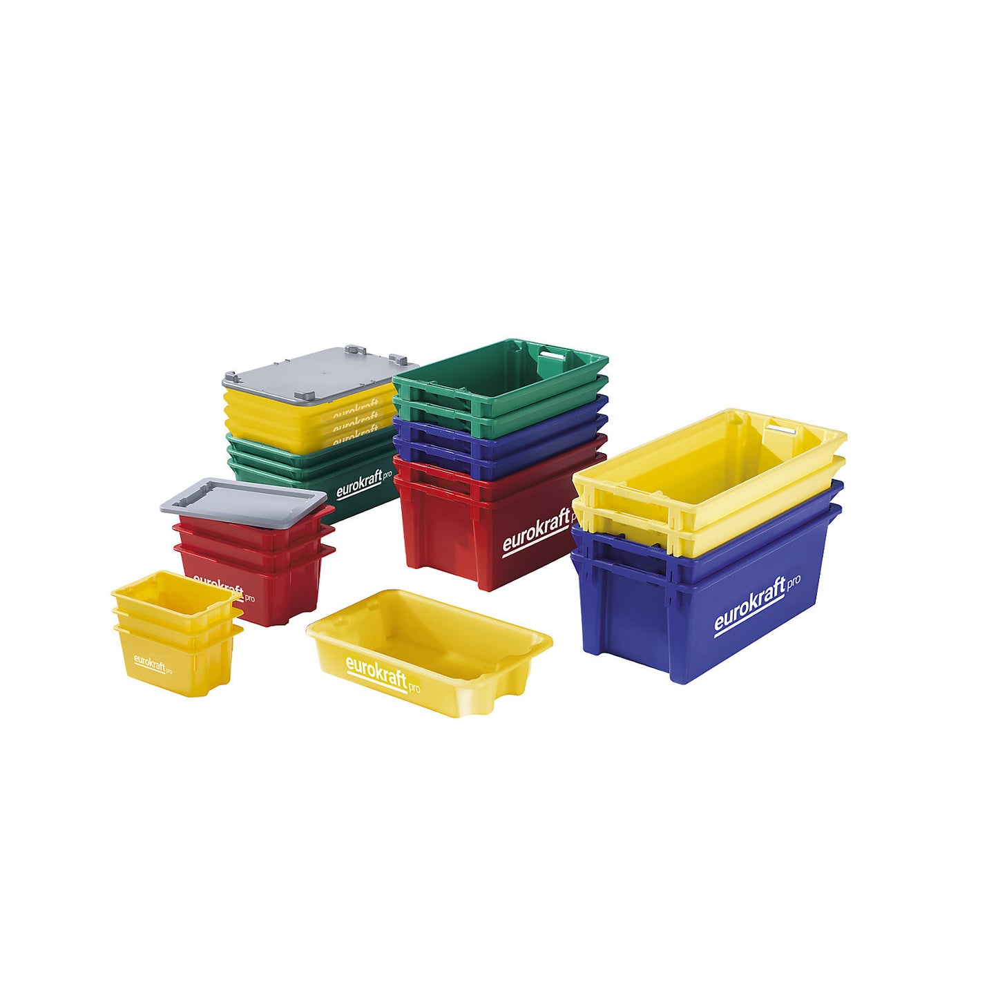 Stack/nest container made of polypropylene suitable for foodstuffs, capacity 34 l, pack of 3, solid walls and base, yellow.