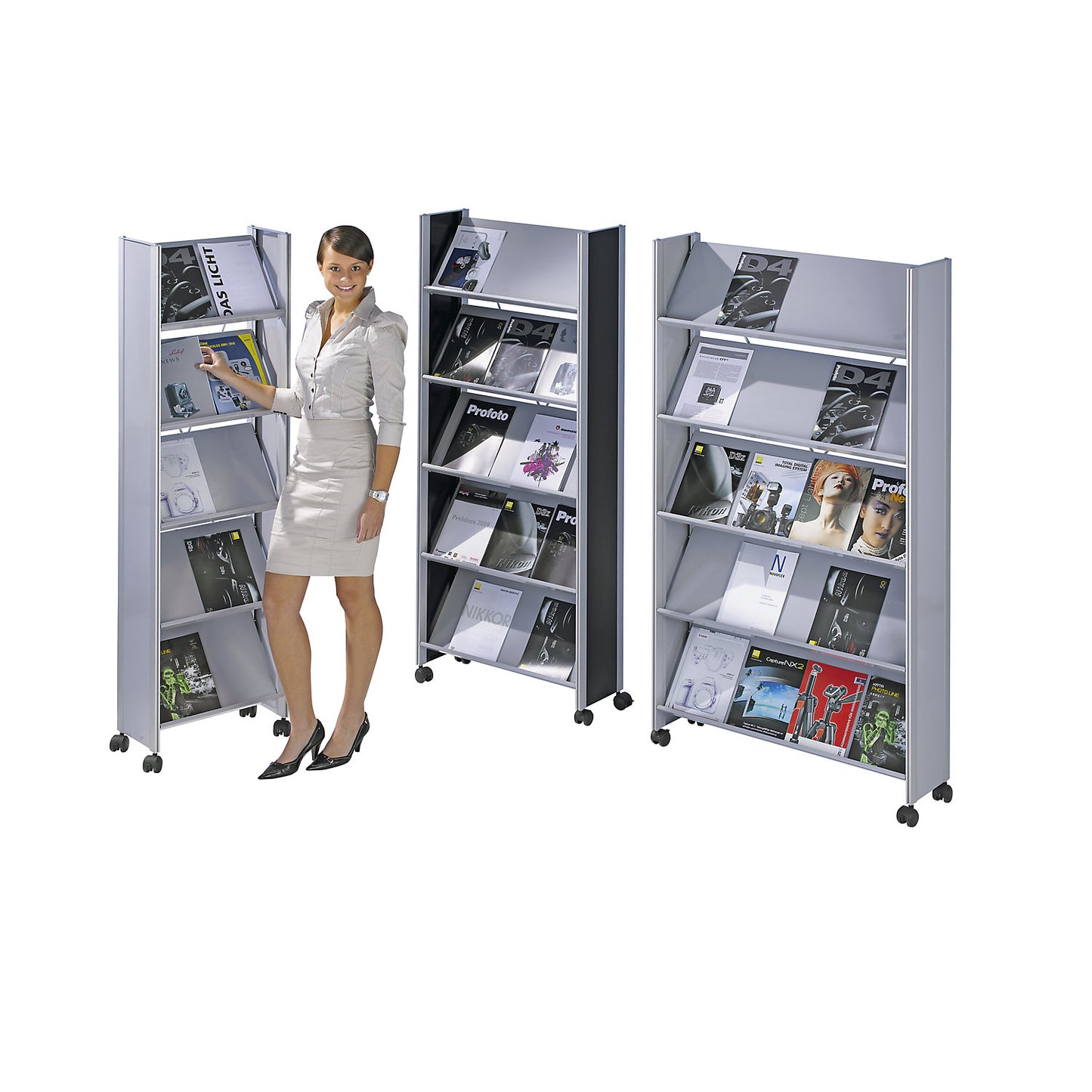 Designer brochure display stand, for 10 x A4, silver / silver.