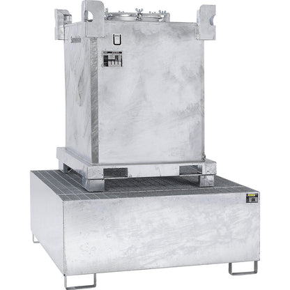 Steel sump tray for IBC/CTC tank containers, LxWxH 1460 x 1460 x 630 mm, sump capacity 1000 l, hot dip galvanised.