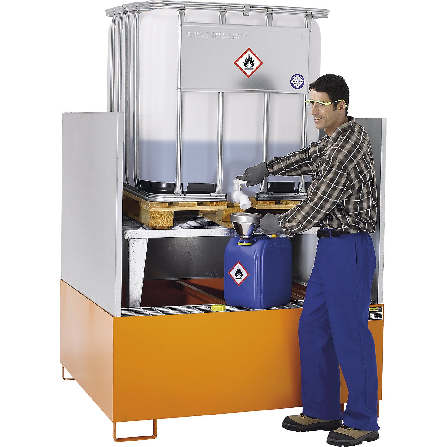 Steel sump tray for IBC/CTC tank containers, LxWxH 1460 x 1460 x 1090 mm, sump capacity 1000 l, painted, orange RAL 2000.