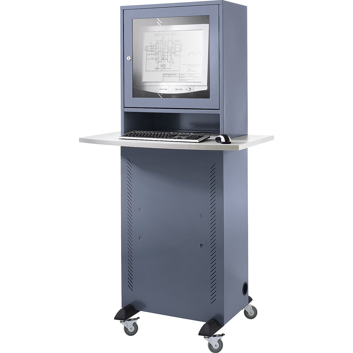 Computer cupboard, with worktop, blue grey.