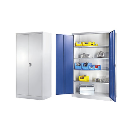 Heavy duty double door cupboard, HxW 1950 x 1200 mm, depth 600 mm, light grey.